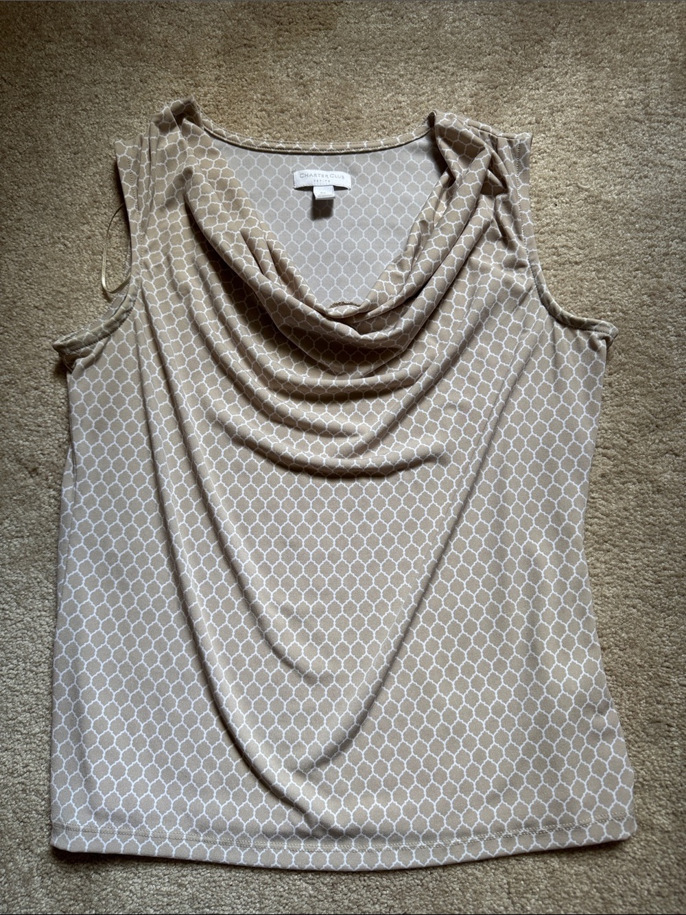 Charter Club Beige & White Cowl Neck Sleeveless Top